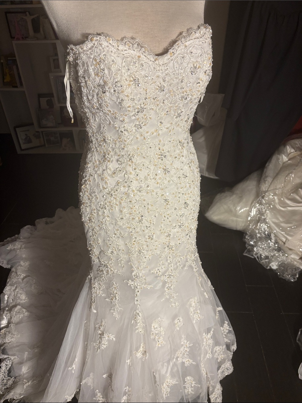 David's Bridal Ivory Strapless Beaded Lace Mermaid Gown
